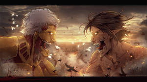 Attack On Titan وال پیپر میں شگنشینا کی جنگ میں آرمرڈ ٹائٹن کا اٹیک ٹائٹن کا سامنا