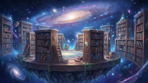 خلا میں تیرتی ہوئی لائبریری کا ایک دلکش اینیمی منظر — اینیم سینری وال پیپر
