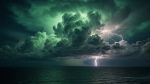 سیاہ سمندر پر بجلی کے ساتھ ڈرامائی سبز آسمان۔