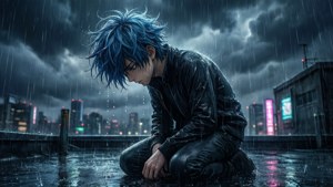 ایک اداس anime لڑکا بارش میں چھت پر گھٹنوں کے بل بیٹھا ہے، سر جھکائے ہوئے، طوفانی شہر کے منظر کے درمیان۔