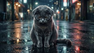 بارش میں ایک تنہا سرمئی بلی — Anime cat وال پیپر