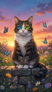 ایک خوبصورت بلی جس کی آنکھیں مختلف رنگوں کی ہیں، گھاس کے میدان میں — Anime cat وال پیپر