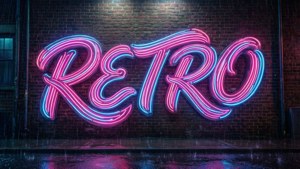 بارش کی رات کے منظر میں 'RETRO' لکھا ہوا ایک چمکتا ہوا نیون نشان۔