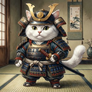 ایک پیاری سامورائی بلی روایتی جاپانی ماحول میں — Anime cat وال پیپر