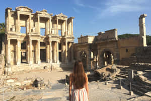سیلوس کی لائبریری میں کھنڈرات دیکھتی عورت — نیلا آسمان وال پیپر