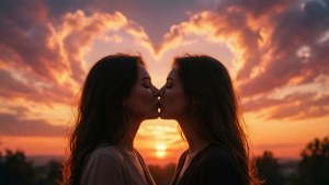 غروب آفتاب کے وقت دل کی شکل کے بادلوں کے ساتھ رومانوی LGBTQ+ جوڑے کا سایہ دار بوسہ۔