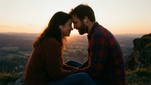 غروب آفتاب کے وقت سائلوٹ میں جوڑے کا ایک ہی ایئرفون شیئر کرنا۔ — موسیقی جمالیاتی وال پیپر