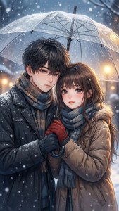 اینیime جوڑا برف میں چھتری کے نیچے — اینیمے جوڑا وال پیپر