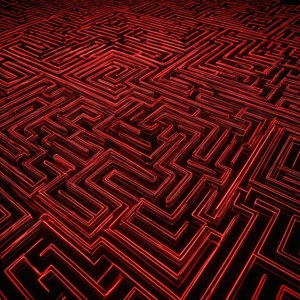 چمکتی لکیروں والا مسحور کن نیون سرخ بھول بھلیاں پیٹرن۔ — نیون ریڈ وال پیپر