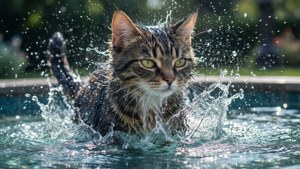 ایک عنصری پانی کی اینیمی بلی فوارے میں کھیل رہی ہے۔ — Anime cat وال پیپر