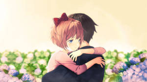 پھولوں کے باغ میں انیمے کا گلے لگانے والی وال پیپر — Anime Hug وال پیپر