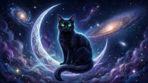 ایک پراسرار کالی بلی جو ہلال چاند پر بیٹھی ہے — Anime cat وال پیپر