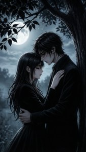 سیاہ پتوں والے درخت کے نیچے رومانوی سیاہ فام اینیمی جوڑا — سیاہ anime وال پیپر