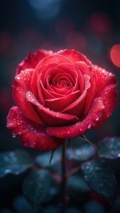 اندھیرے میں چمکتا ہوا ایک نیون سرخ گلاب جس پر اوس کے قطرے ہیں، رومانوی جمالیات۔ — نیون ریڈ وال پیپر