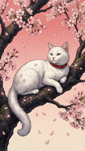 ایک خوبصورت بلی ساکورا کی شاخ پر آرام کر رہی ہے — Anime cat وال پیپر