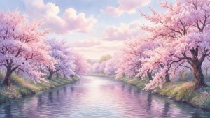 نرم گلابی چیری کے پھولوں سے سجا ایک پرسکون دریا، نرم جمالیاتی احساسات۔ — نرم جمالیاتی متحرک تصویر وال پیپر