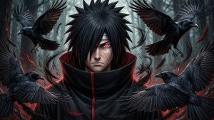 اٹاچی سیاہ اینیمی انداز میں کووں اور شیرنگن کے ساتھ۔ — سیاہ anime وال پیپر