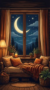 کھڑکی سے نظر آنے والے ہلال چاند کا ایک آرام دہ ایس وی جی وال پیپر، کاٹیج کور طرز۔