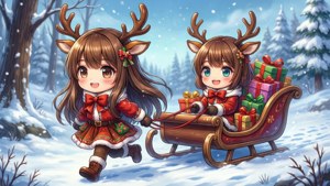 چیبی اینیمی لڑکیاں ہرن کے روپ میں تحفوں سے بھری sleigh کھینچ رہی ہیں — اینی می کرسمس وال پیپر
